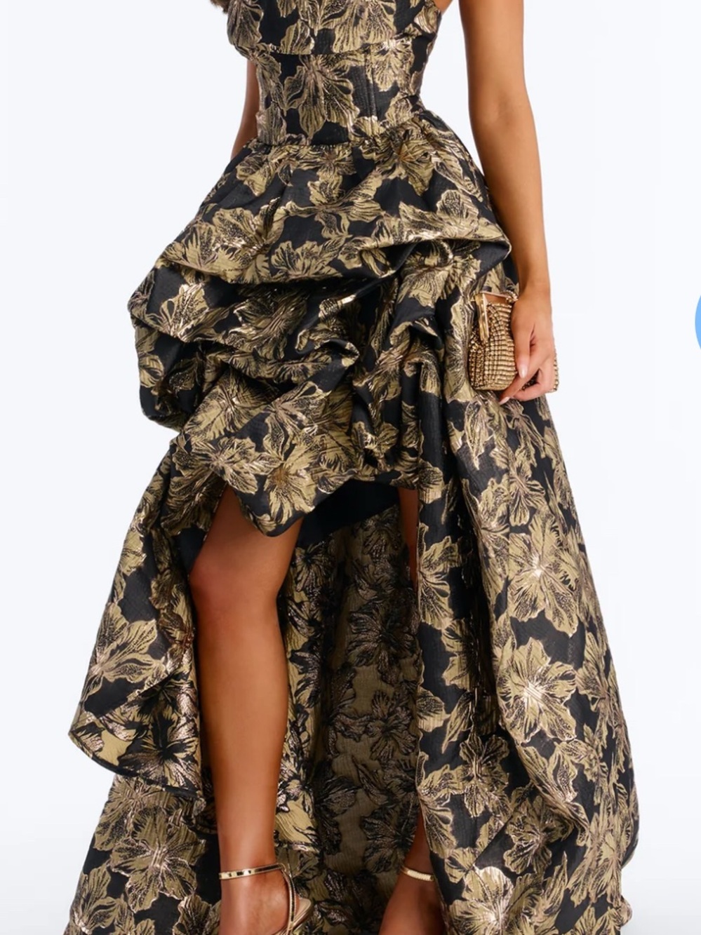 Fashion Nova Black & Gold Floral High-Low Prom Gown